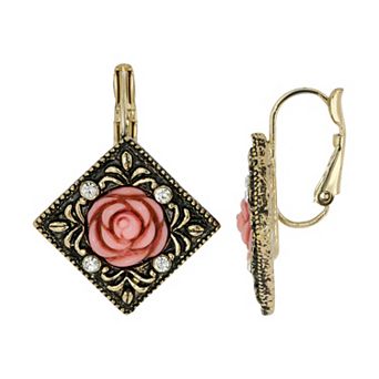 1928 Gold Tone Pink Carved Rose Drop Earrings