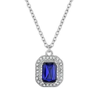 1928 Silver Tone Dark Blue Octagon Simulated Crystal Pendant Necklace