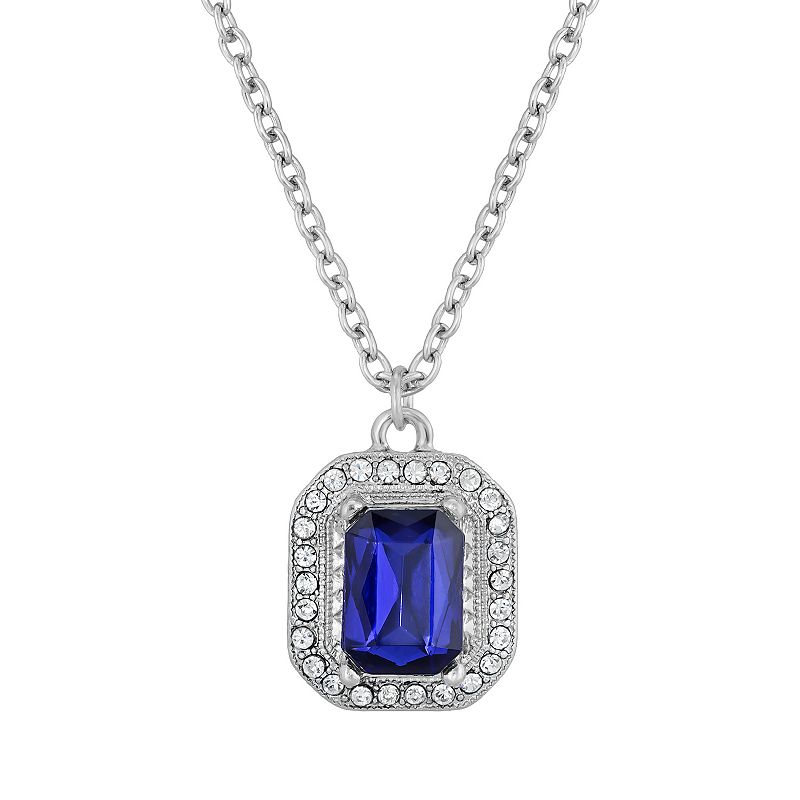 1928 Silver Tone Dark Blue Octagon Simulated Crystal Pendant Necklace, Wome