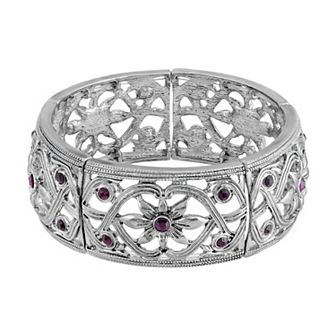 1928 Silver Tone Purple Simulated Crystal Flower Stretch Bracelet