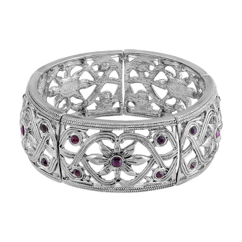 1928 Silver Tone Purple Simulated Crystal Flower Stretch Bracelet, Womens