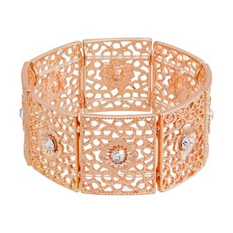 1928 Copper Tone Crystal Filigree Stretch Bracelet
