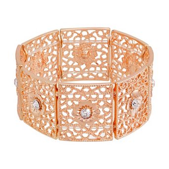 1928 Copper Tone Crystal Filigree Stretch Bracelet