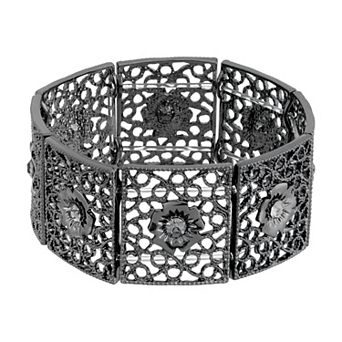 1928 Jet Tone Filigree Stretch Bracelet