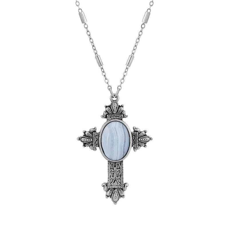 1928 Pewter Blue Lace Cross Pendant Necklace, Womens