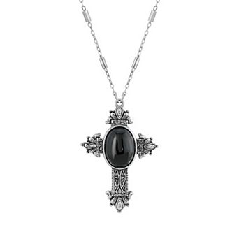 1928 Pewter Black Lace Cross Pendant Necklace Neckalce
