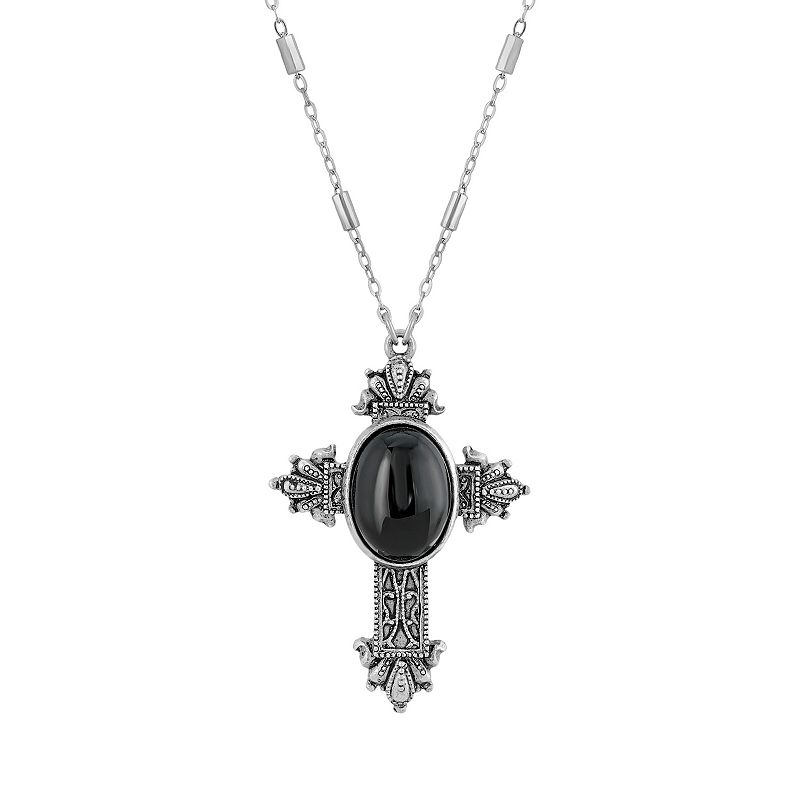 1928 Pewter Black Lace Cross Pendant Necklace Neckalce, Womens