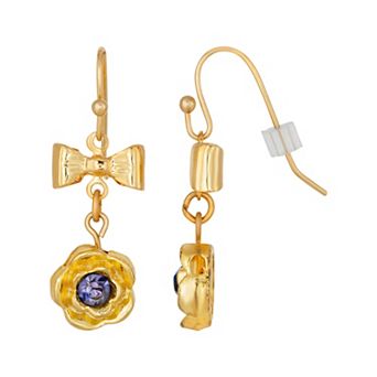 1928 Gold Tone Purple Simulated Crystal Floral Drop Earrings