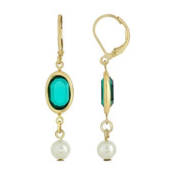 1928 Gold Tone Green Simulated Crystal & Simulated Pearl Drop Earrings