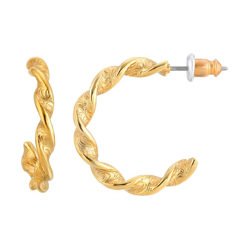 1928 Gold Tone Twisted C-Hoop Earrings, Womens