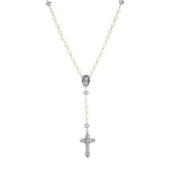 1928 Silver Tone Crucifix Simulated Pearl Rosary