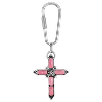 1928 Silver Tone Pink Moonstone Cross Key Chain