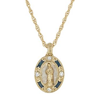 1928 Gold Tone Simulated Crystal Virgin Mary Pendant Necklace