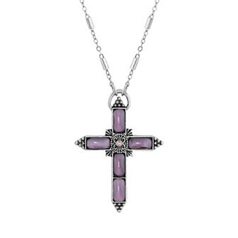 1928 Silver Tone Purple Moonstone Cross Necklace