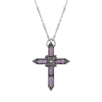 1928 Silver Tone Purple Moonstone Cross Necklace