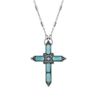 1928 Silver Tone Aqua Moonstone Cross Necklace