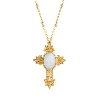1928 Gold Tone White Quartz Cross Necklace