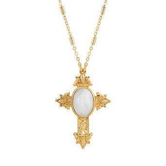 1928 Gold Tone White Quartz Cross Necklace