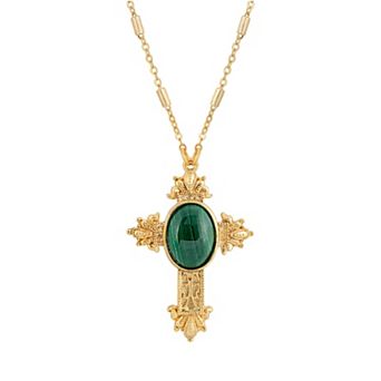 1928 Gold Tone Green Malachite Cross Necklace