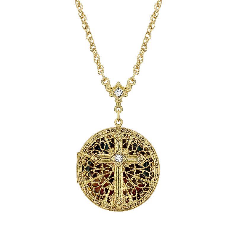 1928 Gold Tone Crystal Cross Round Locket Necklace, Womens