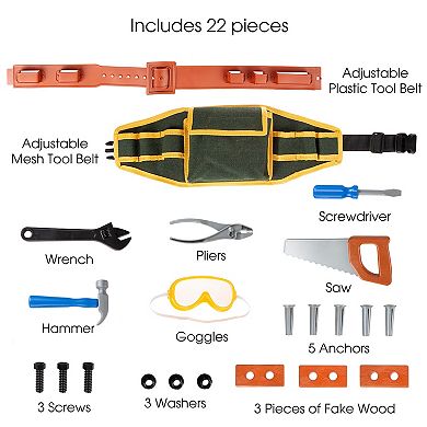 Hey! Play! 20-Piece Children's Handyman Kit with 2 Belts, Saw, Hammer, Screwdriver, Wrench, Pliers and Safety Goggles