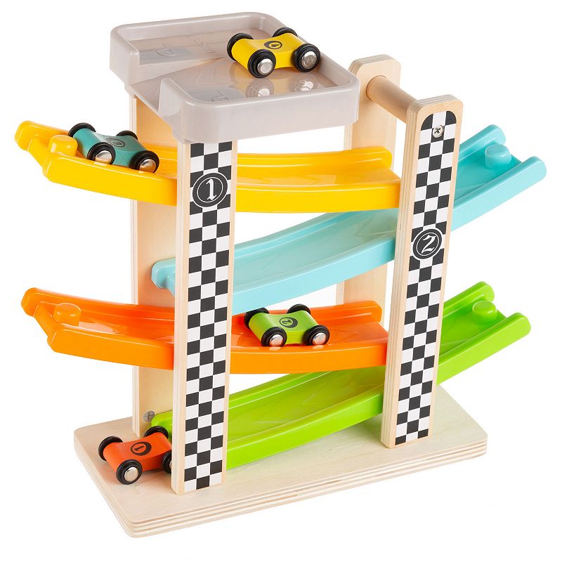 Hey! Play! Wooden Toy Race Track and Racecar Set with 4 Colorful Cars, Mult