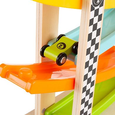 Hey! Play! Wooden Toy Race Track and Racecar Set with 4 Colorful Cars