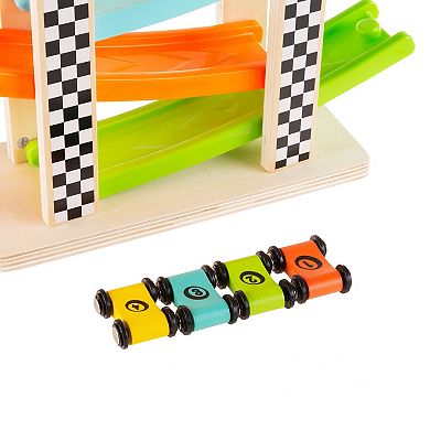 Hey! Play! Wooden Toy Race Track and Racecar Set with 4 Colorful Cars