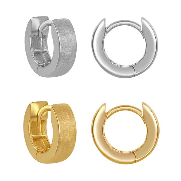 2Pair Sterling Silver Brushed Huggie Hoop Earring Set