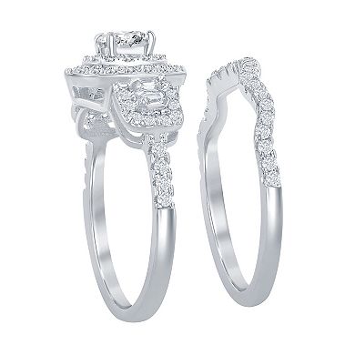 Sterling Silver Cubic Zirconia Halo Engagement Ring Set