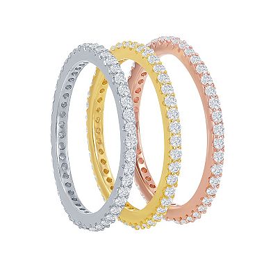 Sterling Silver Tri-Color Cubic Zirconia Eternity Triple Ring