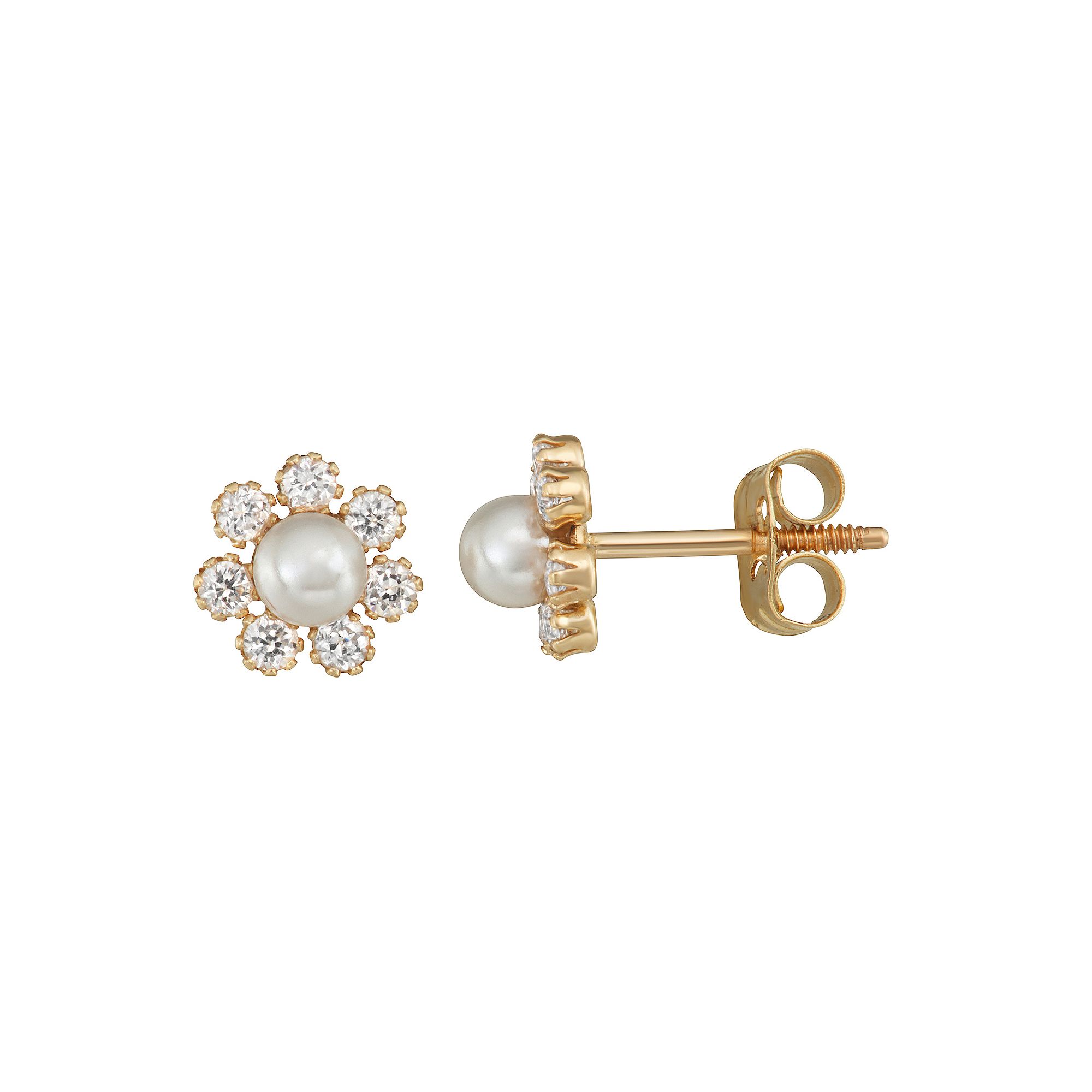 Charming Girl Kids 14k Gold Simulated Pearl & Cubic Zircona Flower Stud Ea