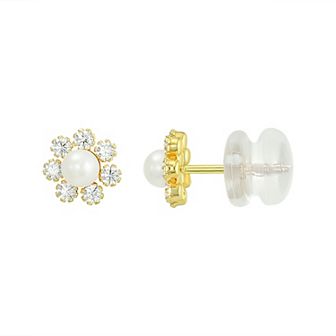 Charming Girl Kids' 14k Gold Simulated Pearl & Cubic Zircona Flower Stud Earrings