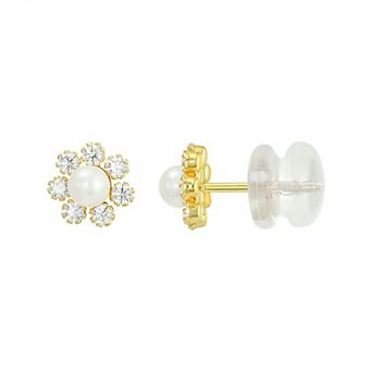 Charming Girl Kids' 14k Gold Simulated Pearl & Cubic Zircona Flower Stud Earrings