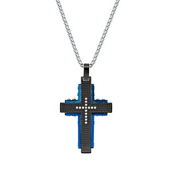Men's LYNX Black & Blue Stainless Steel Cubic Zirconia Cross Pendant Necklace