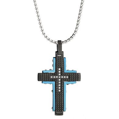 Men's LYNX Black & Blue Stainless Steel Cubic Zirconia Cross Pendant Necklace