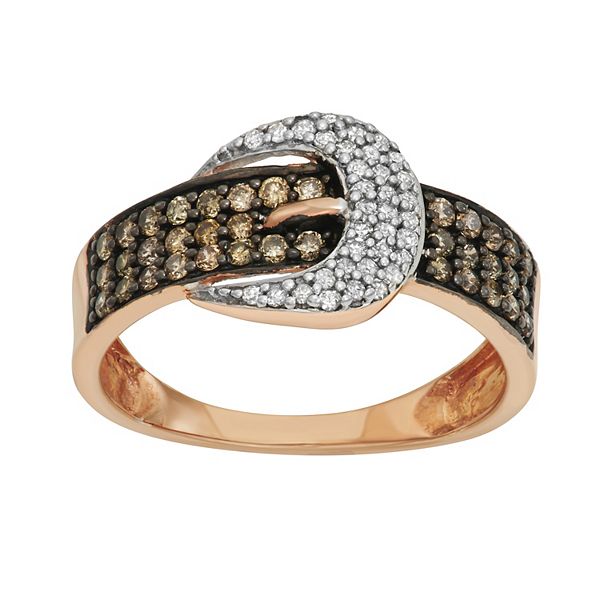 10K Rose Gold 1 5 Carat T.W. Brown White Diamond Buckle Ring Women s Size 7