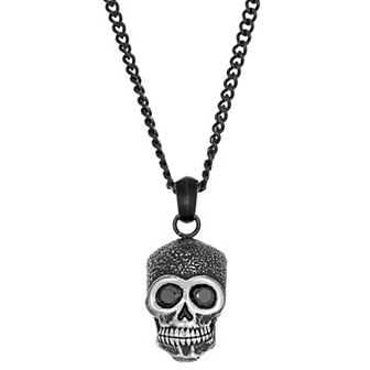 Men's LYNX Black Stainless Steel Cubic Zirconia Skull Pendant Necklace