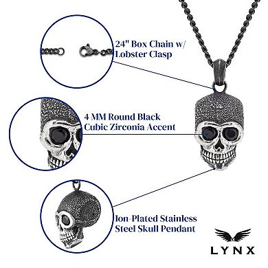 Men's LYNX Black Stainless Steel Cubic Zirconia Skull Pendant Necklace