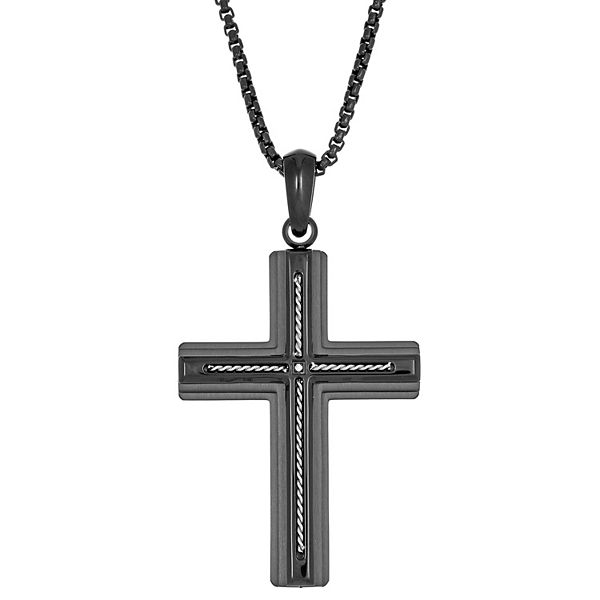 Men's LYNX Two Tone Stainless Steel Cubic Zirconia Cross Pendant Necklace