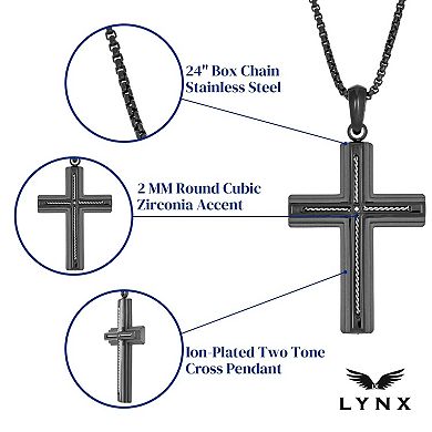 Men's LYNX Two Tone Stainless Steel Cubic Zirconia Cross Pendant Necklace