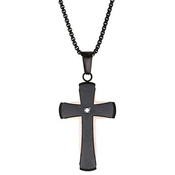 Men's LYNX Two Tone Stainless Steel Cubic Zirconia Cross Pendant Necklace