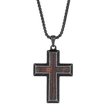 Men's LYNX Wooden Inlay Stainless Steel Cross Pendant Necklace