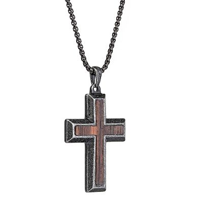 Men's LYNX Wooden Inlay Stainless Steel Cross Pendant Necklace
