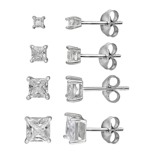Cubic Zirconia & Sterling Silver Graduated Princess-Cut Stud Earrings Set main image 0