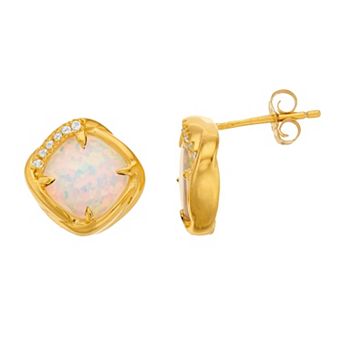 Gemminded 18k Gold over Sterling Silver Lab Created Opal Stud Earrings with Lab Created White Sapphire Accents