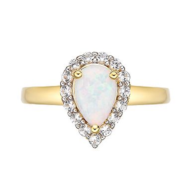 Gemminded 18k Gold over Sterling Silver Teardrop Lab Created Opal Ring with Lab Created White Sapphire Accent
