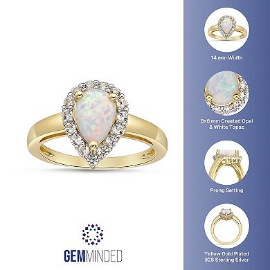 Gemminded 18k Gold over Sterling Silver Teardrop Lab Created Opal Ring with Lab Created White Sapphire Accent
