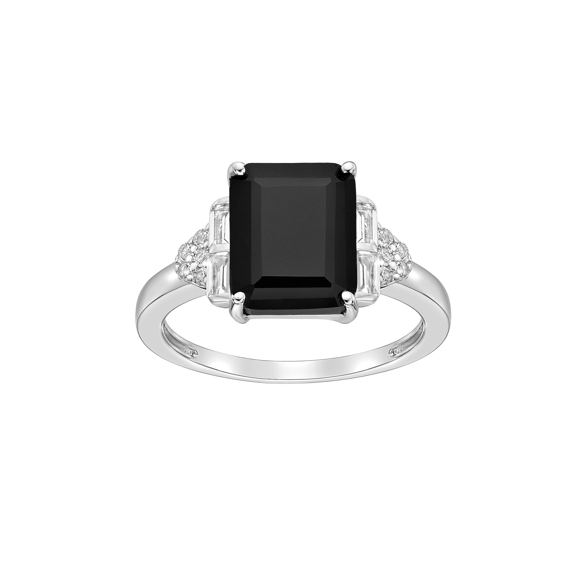 Gemminded Sterling Silver Baguette Cut Onyx & White Topaz Ring, Womens, Si