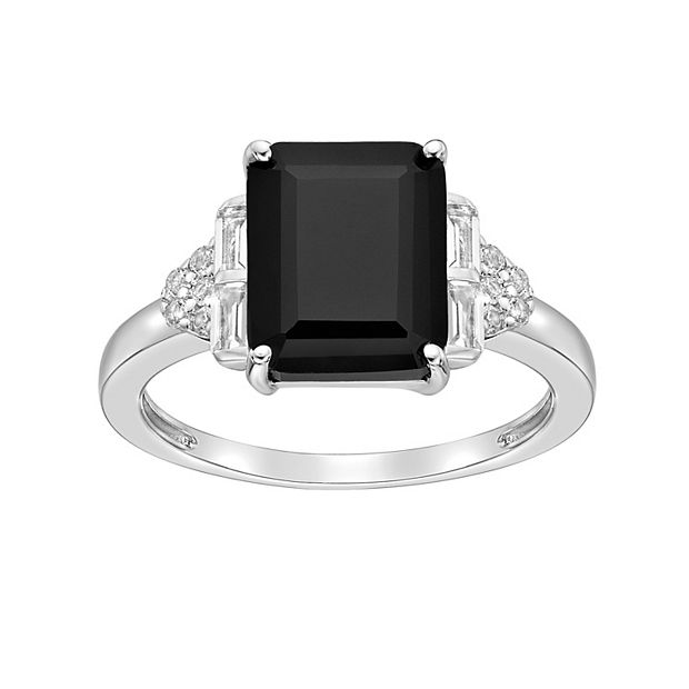 Gemminded Sterling Silver Baguette Cut Onyx & White Topaz Ring